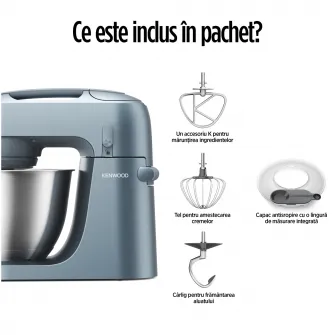 Robot de bucatarie Kenwood Go KZM35.000GY, 800W, vas inox 4L, 6 trepte viteza + Turbo, 3 accesorii patiserie, lingura masurare, albastru