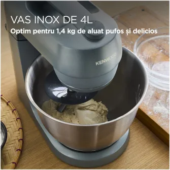 Robot de bucatarie Kenwood Go KZM35.000GY, 800W, vas inox 4L, 6 trepte viteza + Turbo, 3 accesorii patiserie, lingura masurare, albastru