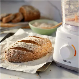 Robot de bucatarie Philips HR7310/00 Daily Collection, 700 W, 2 viteze + puls, bol 2.1 L, dispozitiv de emulsifiere, disc din inox, Alb