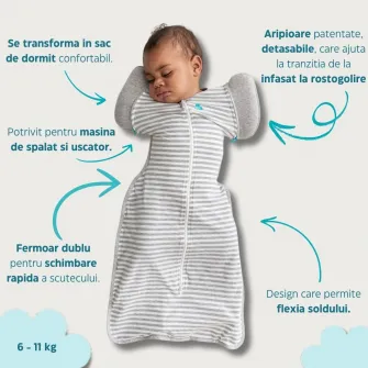 Sac de dormit de tranzitie pentru infasat si rostogolit Love to Dream Swaddle Up, alb si gri, L, 8.5-11kg, 1 TOG