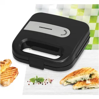 Sandwich maker HEINNER ELITESNACK SM-K750FSBK, 750w, capacitate: 2 sandwich-uri, placi antiadezive fixe tip sandwich, negru