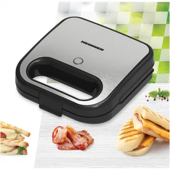 Sandwich maker HEINNER SILVERSTONE SM-K750FGSL, 750w, capacitate: 2 sandwich-uri, placi antiadezive fixe tip grill, silver