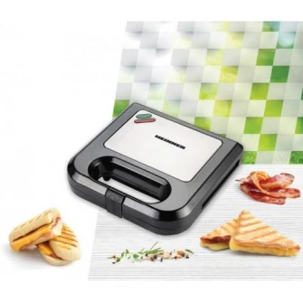 Sandwich maker Heinner SM-K750BKS, 750 W, placi antiadezive fixe tip grill, Negru/Inox
