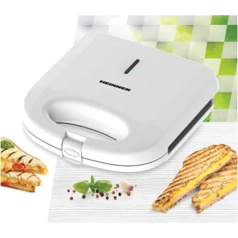 Sandwich maker HEINNER SWAN SM-K750FGWH, 750w, capacitate: 2 sandwich-uri, placi antiadezive fixe tip grill, alb