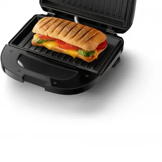 Sandwich-maker Philips HD2330/90 seria 3000, 750 W, Plite neaderente si versatile pentru sandwich-uri, panini si altele, Leduri indicatoare, Sistem de blocare rapida, Comutator pornit/oprit, Negru
