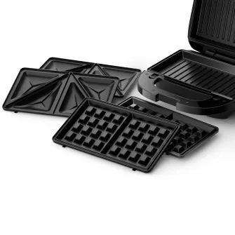 Sandwich-maker Philips HD2350/80 seria 3000, 750 W, Plite neaderente detasabile, Plitele de taiere si sigilare, 3 seturi de plite pentru panini, vafe si sandwich-uri, Leduri indicatoare, Sistem de blocare rapida, Comutator pornit/oprit, Negru