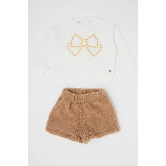 Sarabanda, Set de tricou cu aplicatii si pantaloni scurti din material teddy - 2 piese, Alb, Maro deschis, 110 CM