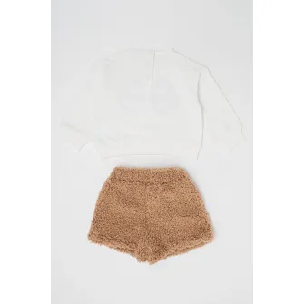 Sarabanda, Set de tricou cu aplicatii si pantaloni scurti din material teddy - 2 piese, Alb, Maro deschis, 110 CM