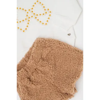 Sarabanda, Set de tricou cu aplicatii si pantaloni scurti din material teddy - 2 piese, Alb, Maro deschis, 110 CM