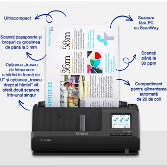 Scanner EPSON WorkForce ES-C380W, A4, 600 dpi, 30ppm, ADF, USB, Wireless, Negru