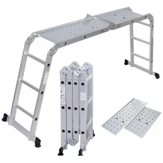 Scara aluminiu multifunctionala cu platforma Smart Storage 66131, 3 trepte, 4 tronsoane, 150 kg greutate maxima admisa, 370 cm inaltime maxima scara deschisa
