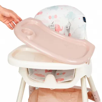 Scaun de masa 2 in 1 pentru bebelusi si copii pliabil Juju Eat&Smile, 6 luni-3 ani, transformabil, husa detasabila, tavita dubla, cos de depozitare, Pink-Elephants
