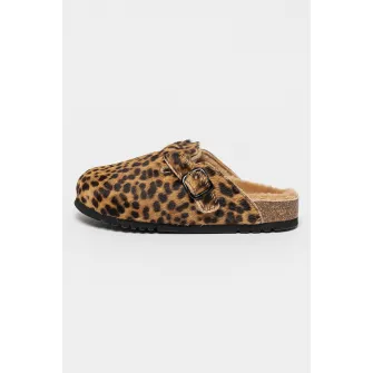 Scholl, Papuci de casa din piele cu par scurt cu model animal print, Maro, 36