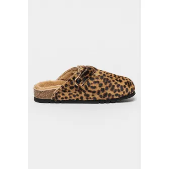 Scholl, Papuci de casa din piele cu par scurt cu model animal print, Maro, 36