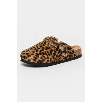 Scholl, Papuci de casa din piele cu par scurt cu model animal print, Maro, 36