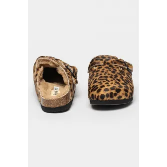 Scholl, Papuci de casa din piele cu par scurt cu model animal print, Maro, 36