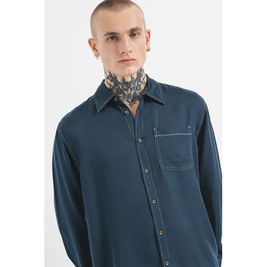 Scotch & Soda, Camasa de lyocell cu buzunar pe piept, Alb murdar, Bleumarin, S