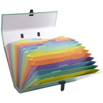 Servieta expandabila Exacompta Aquarel, cu maner, inchidere clips, carton, 18 compartimente multicolore, A4, Verde pastel
