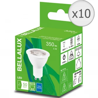 Set 10 becuri spot LED BELLALUX PAR16 50, GU10, 5W (50W), 350 lm, A+, temperatura lumina calda (4000K)