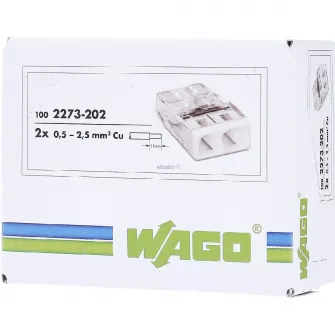 Set 100 cleme (conectori) Wago 2.5 mmp 2273-202, compact, borna cu arc, cablu masiv, 2 fire, 24A