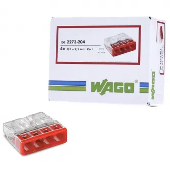 Set 100 cleme (conectori) Wago 2.5 mmp 2273-204, compact, borna cu arc, cablu masiv, 4 fire, 24A