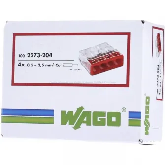 Set 100 cleme (conectori) Wago 2.5 mmp 2273-204, compact, borna cu arc, cablu masiv, 4 fire, 24A