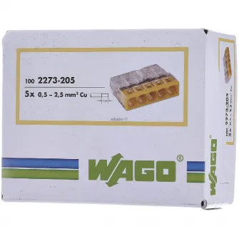 Set 100 cleme (conectori) Wago 2.5 mmp 2273-205, compact, borna cu arc, cablu masiv, 5 fire, 24A