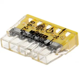 Set 100 cleme (conectori) Wago 2.5 mmp 2273-205, compact, borna cu arc, cablu masiv, 5 fire, 24A