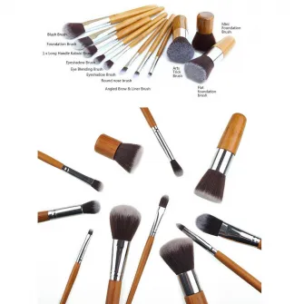 Set 11 pensule machiaj, GOGOUВ®, maner bambus, makeup profesional/ incepatori, gentuta depozitare