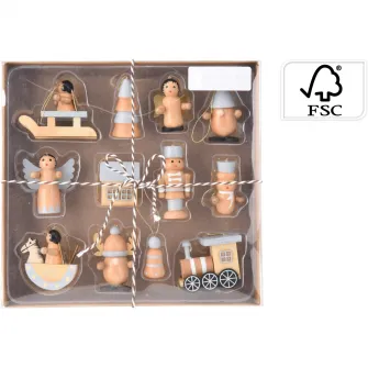 Set 12 figurine Xmas, lemn, natur/alb