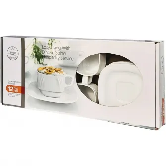 Set 12 piese cafea opal alb Dinova, 220ml, forma patrata