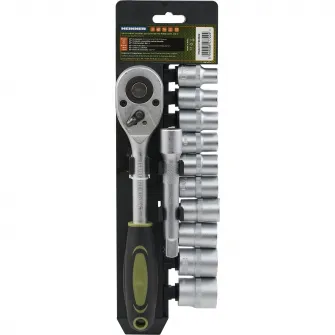 Set 12 piese Heinner CR-V, 1/2, 10 chei tubulare 10-24 mm dimensiune, cheie cu clichet reversibila 1/2, bara de extensie