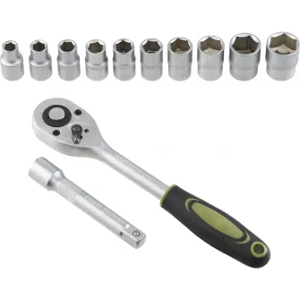 Set 12 piese Heinner CR-V, 1/2, 10 chei tubulare 10-24 mm dimensiune, cheie cu clichet reversibila 1/2, bara de extensie