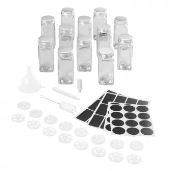 Set 12 recipiente sticla pentru condimente Metaltex, 120ml, include palnie, perie mica de curatare, creion lavabil, 16 site si 24 etichete autoadezive