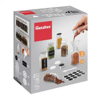 Set 12 recipiente sticla pentru condimente Metaltex, 120ml, include palnie, perie mica de curatare, creion lavabil, 16 site si 24 etichete autoadezive