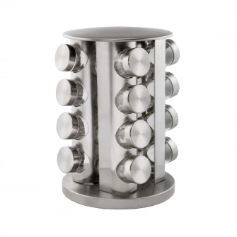 Set 16 recipiente condimente Zokura, cu suport, Inox/Sticla
