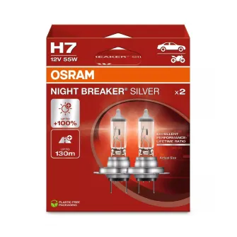 Set 2 becuri auto cu halogen Osram H7 Night Breaker Silver +100%,55W, 12V