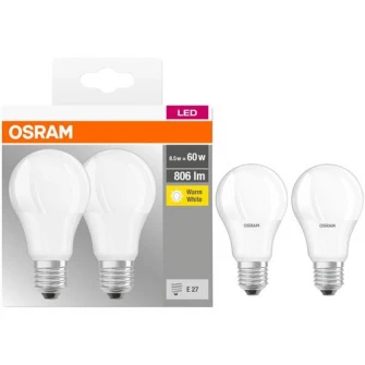 Set 2 becuri LED Osram Base Classic A60, E27, 8.5W (60W), 806 lm, A+, lumina calda (2700K)