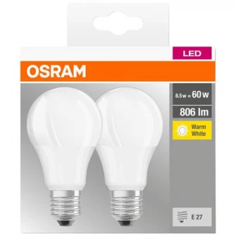Set 2 becuri LED Osram Base Classic A60, E27, 8.5W (60W), 806 lm, A+, lumina calda (2700K)