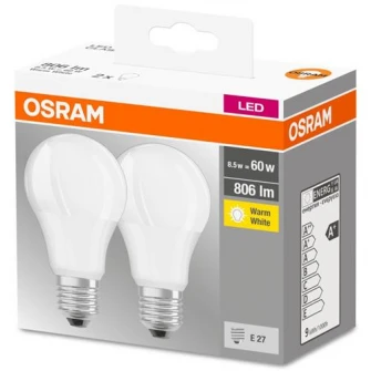 Set 2 becuri LED Osram Base Classic A60, E27, 8.5W (60W), 806 lm, A+, lumina calda (2700K)