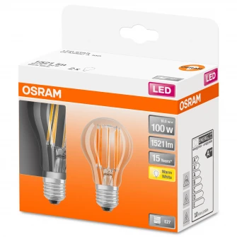 Set 2 becuri LED OSRAM Star Filament A100, E27, 10W (100W), 1521 lm, lumina calda (2700K), clasa energetica A++, 15 000 ore functionare