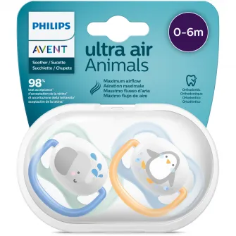 Set 2 suzete Philips-AVENT Ultra Air SCF080/05, ortodontica, 0-6 luni, Gri/Alastru