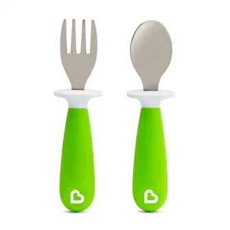 Set 2 tacamuri pentru copii, Munchkin Raise™, furculita si lingurita, design ergonomic, 12 luni+, verde