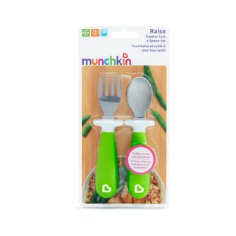 Set 2 tacamuri pentru copii, Munchkin Raise™, furculita si lingurita, design ergonomic, 12 luni+, verde