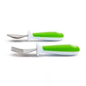 Set 2 tacamuri pentru copii, Munchkin Raise™, furculita si lingurita, design ergonomic, 12 luni+, verde