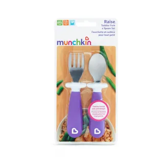 Set 2 tacamuri pentru copii, Munchkin Raise™, furculita si lingurita, design ergonomic, 12 luni+, mov
