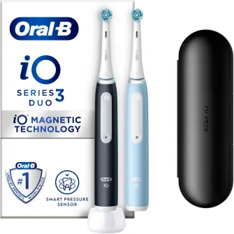 Set 2 x Periuta de dinti electrica Oral-B iO3 cu Tehnologie Magnetica si Micro-Vibratii, Senzor de presiune Smart, 3 moduri, 2 capete, Trusa de calatoriea, Negru/Albastru