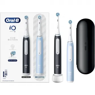 Set 2 x Periuta de dinti electrica Oral-B iO3 cu Tehnologie Magnetica si Micro-Vibratii, Senzor de presiune Smart, 3 moduri, 2 capete, Trusa de calatoriea, Negru/Albastru