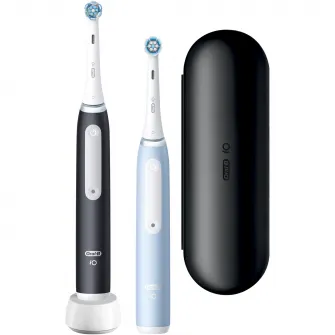 Set 2 x Periuta de dinti electrica Oral-B iO3 cu Tehnologie Magnetica si Micro-Vibratii, Senzor de presiune Smart, 3 moduri, 2 capete, Trusa de calatoriea, Negru/Albastru