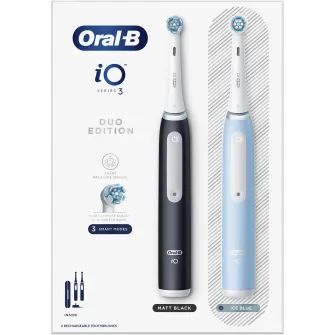 Set 2 x Periuta de dinti electrica Oral-B iO3 cu Tehnologie Magnetica si Micro-Vibratii, Senzor de presiune Smart, 3 moduri, 2 capete, Trusa de calatoriea, Negru/Albastru